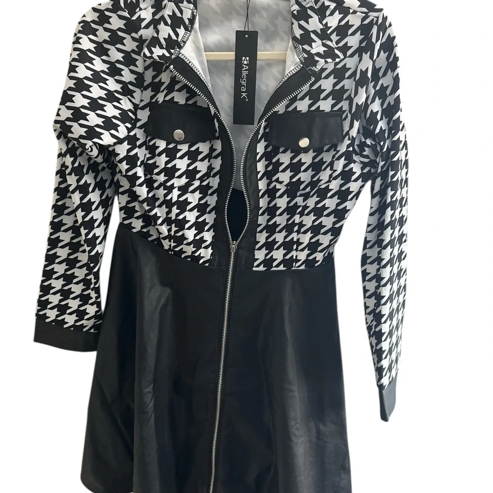 Allegra K‎ New With Tags Faux Leather Black Houndstooth Dress Size Small Zipper